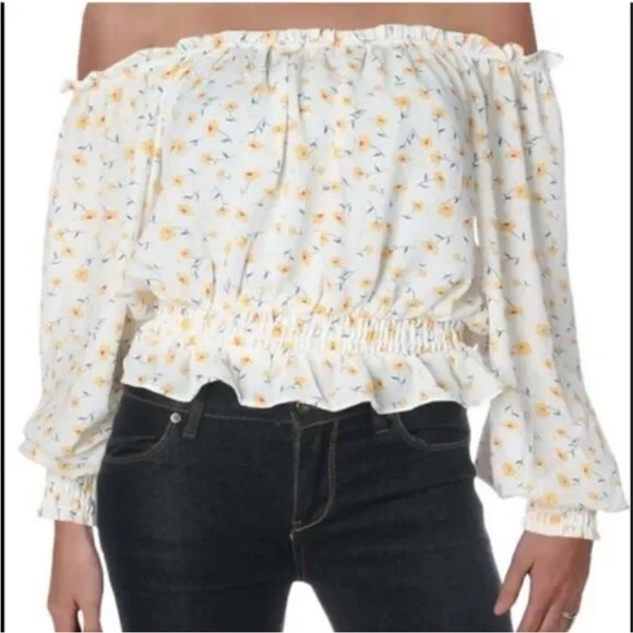 Helen Owenx AQUA Tops - Helen Owen x AQUA Floral Smocked Crop Blouse Yellow White Size S